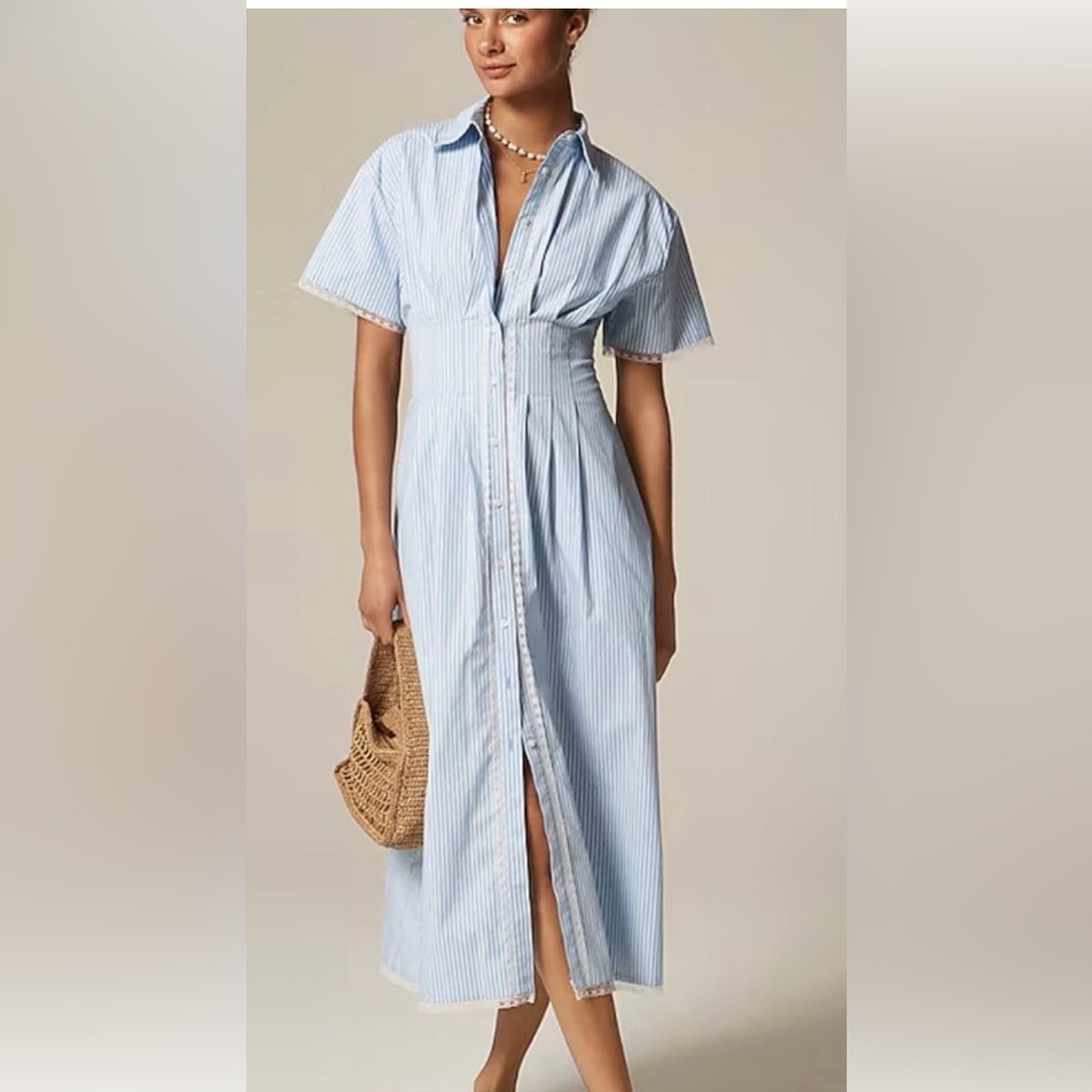 J. Crew Light Blue Striped Button-Front Midi Dress